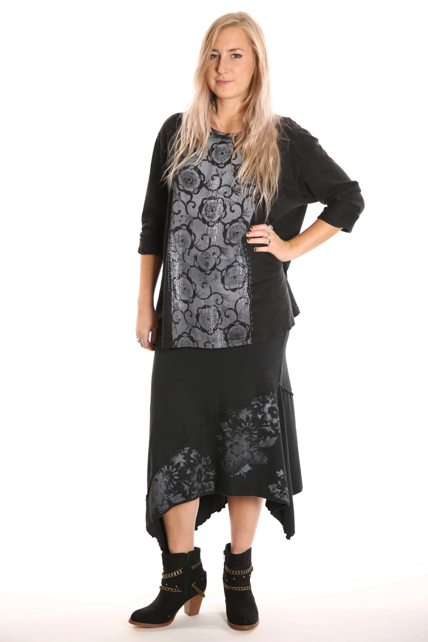 1230 Hemp Organic Cotton Top Black Deco Floral Print