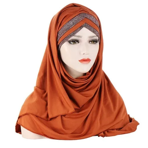 2020 New Sequins Glitter Forehead Cross Muslim Hijab Scarf