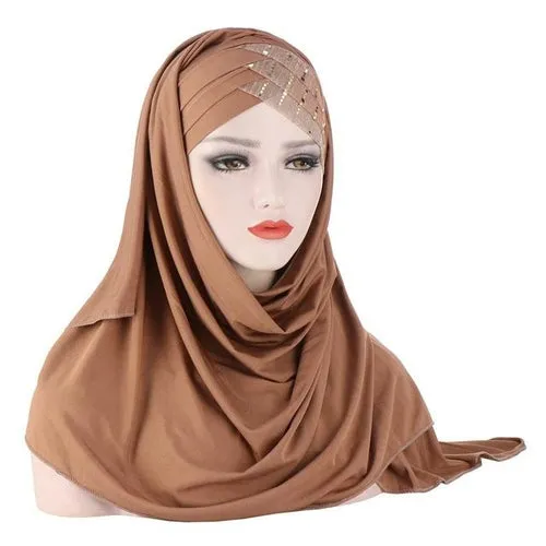 2020 New Sequins Glitter Forehead Cross Muslim Hijab Scarf