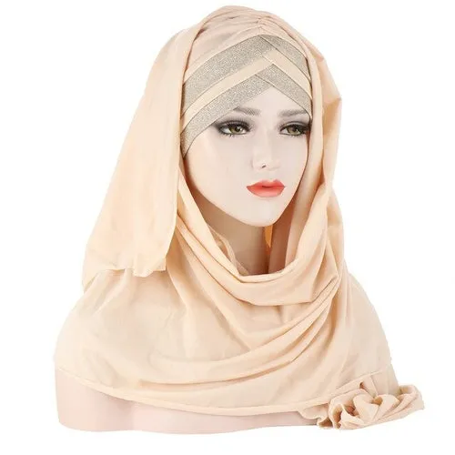 2020 New Sequins Glitter Forehead Cross Muslim Hijab Scarf