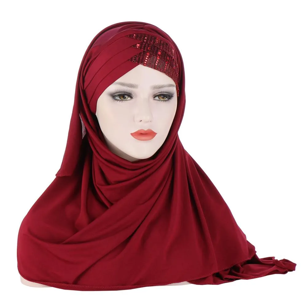 2020 New Sequins Glitter Forehead Cross Muslim Hijab Scarf