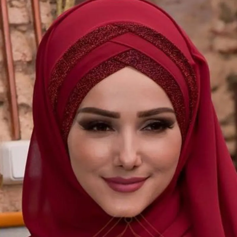 2020 New Sequins Glitter Forehead Cross Muslim Hijab Scarf
