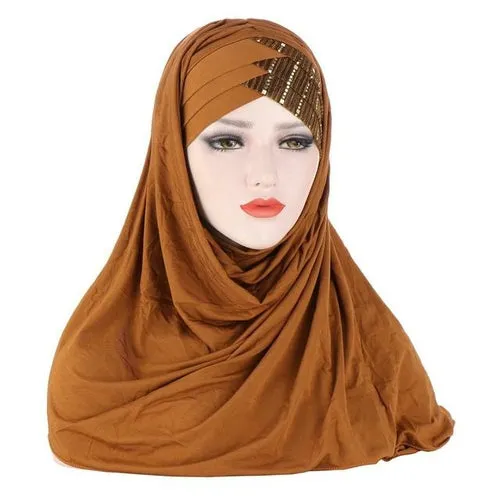 2020 New Sequins Glitter Forehead Cross Muslim Hijab Scarf