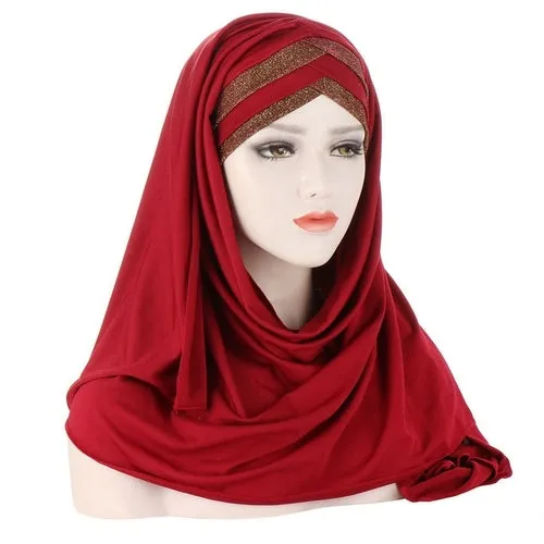2020 New Sequins Glitter Forehead Cross Muslim Hijab Scarf