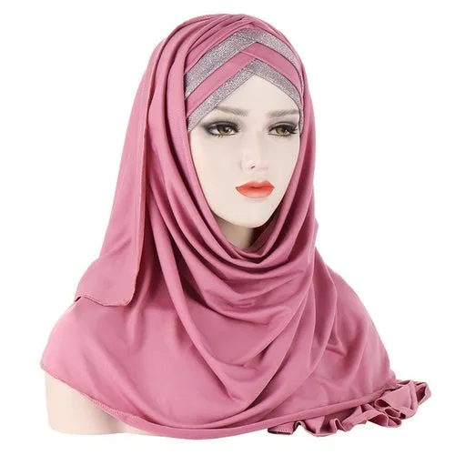 2020 New Sequins Glitter Forehead Cross Muslim Hijab Scarf
