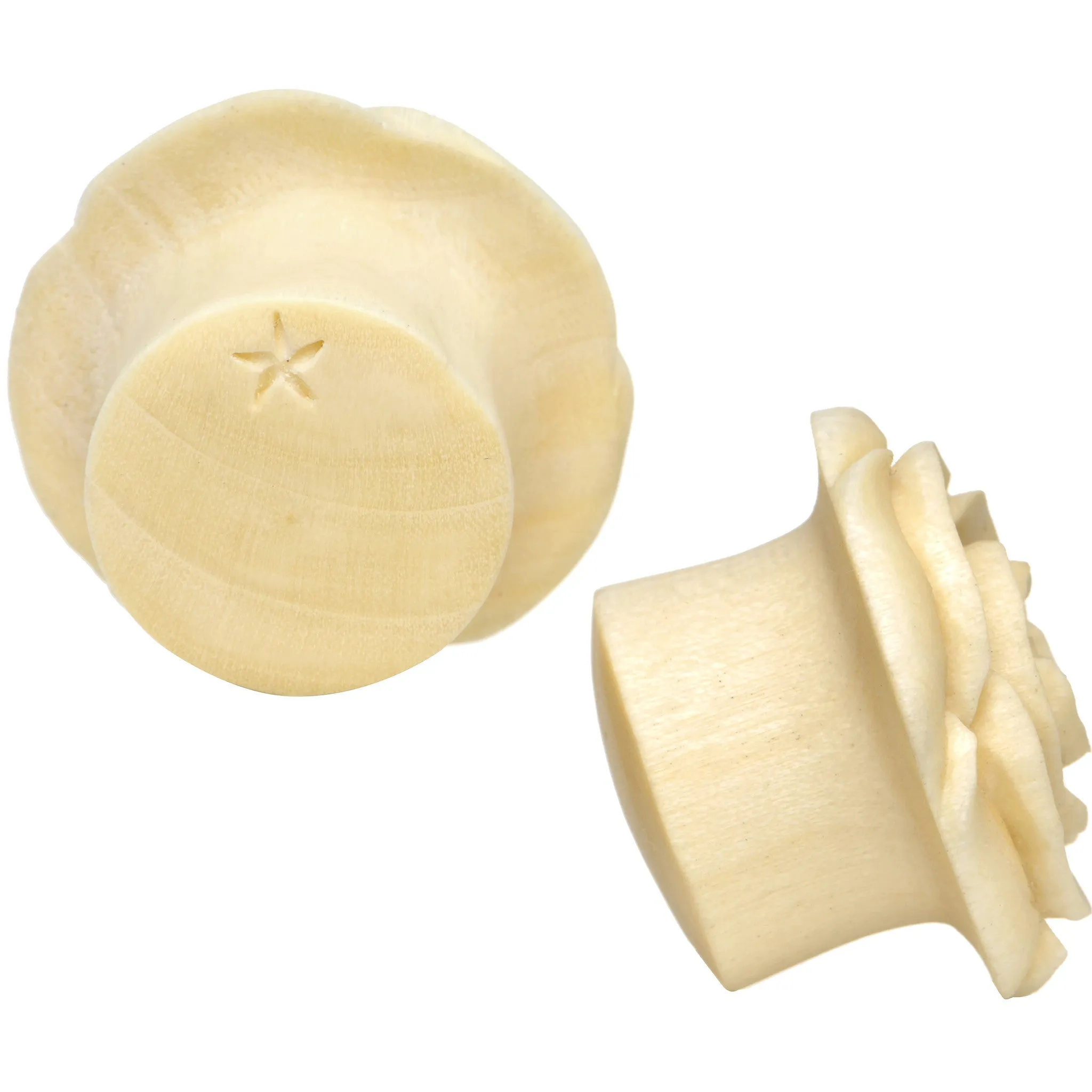 7/8 Organic White Crocodile Wood Rose Flower Hand Carved Plug Set
