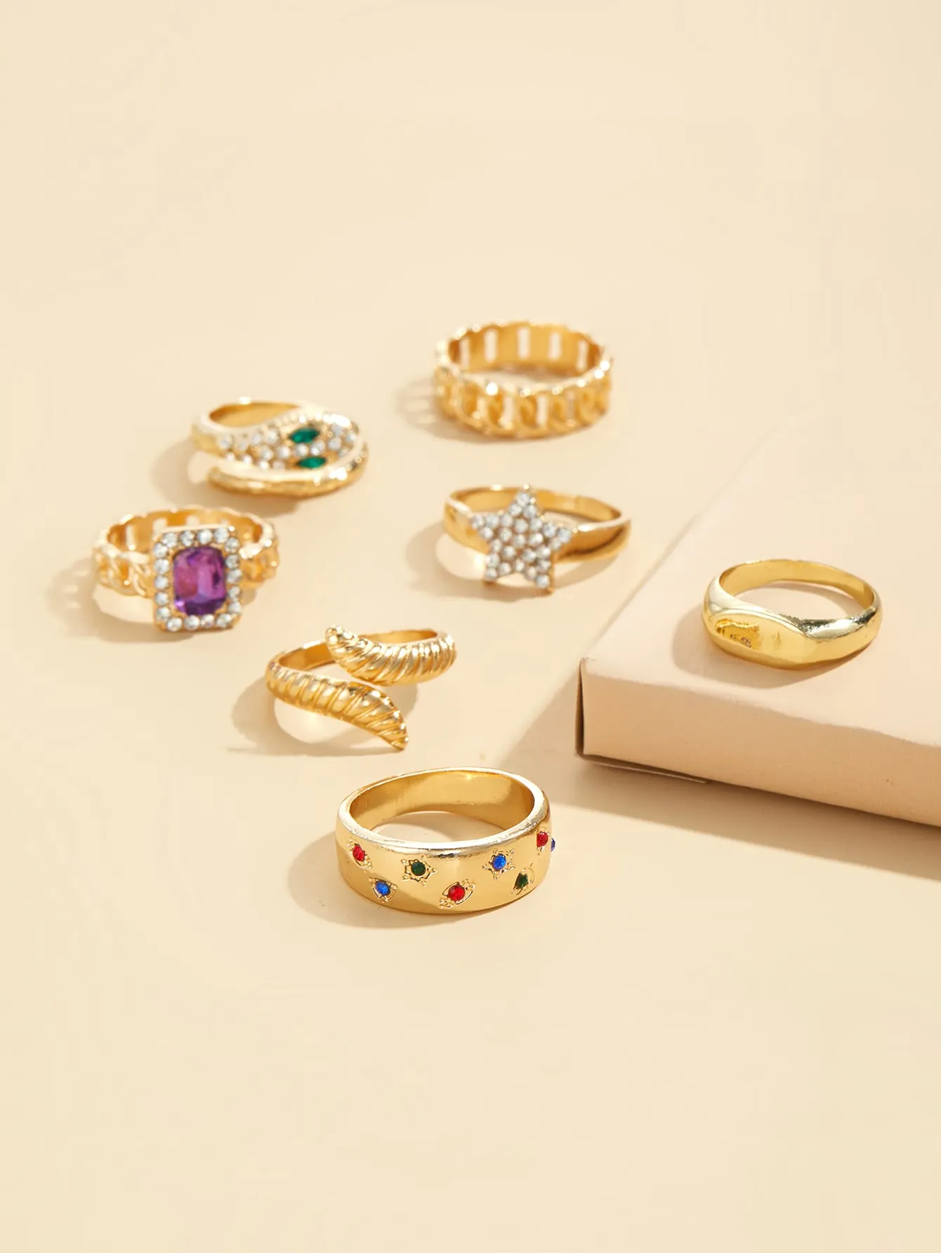7pcs Rhinestone Star & Snake Decor Ring - Gold