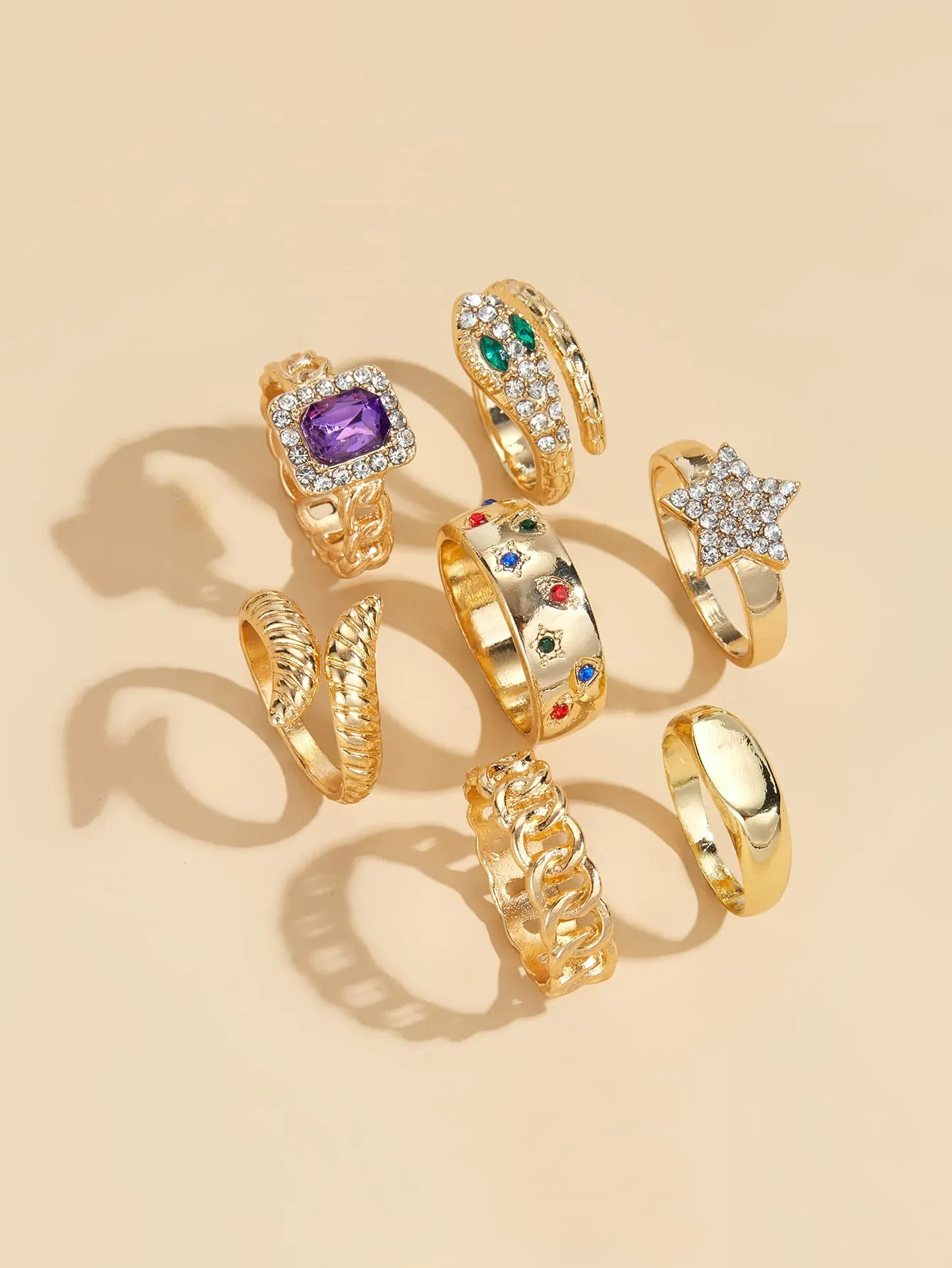 7pcs Rhinestone Star & Snake Decor Ring - Gold