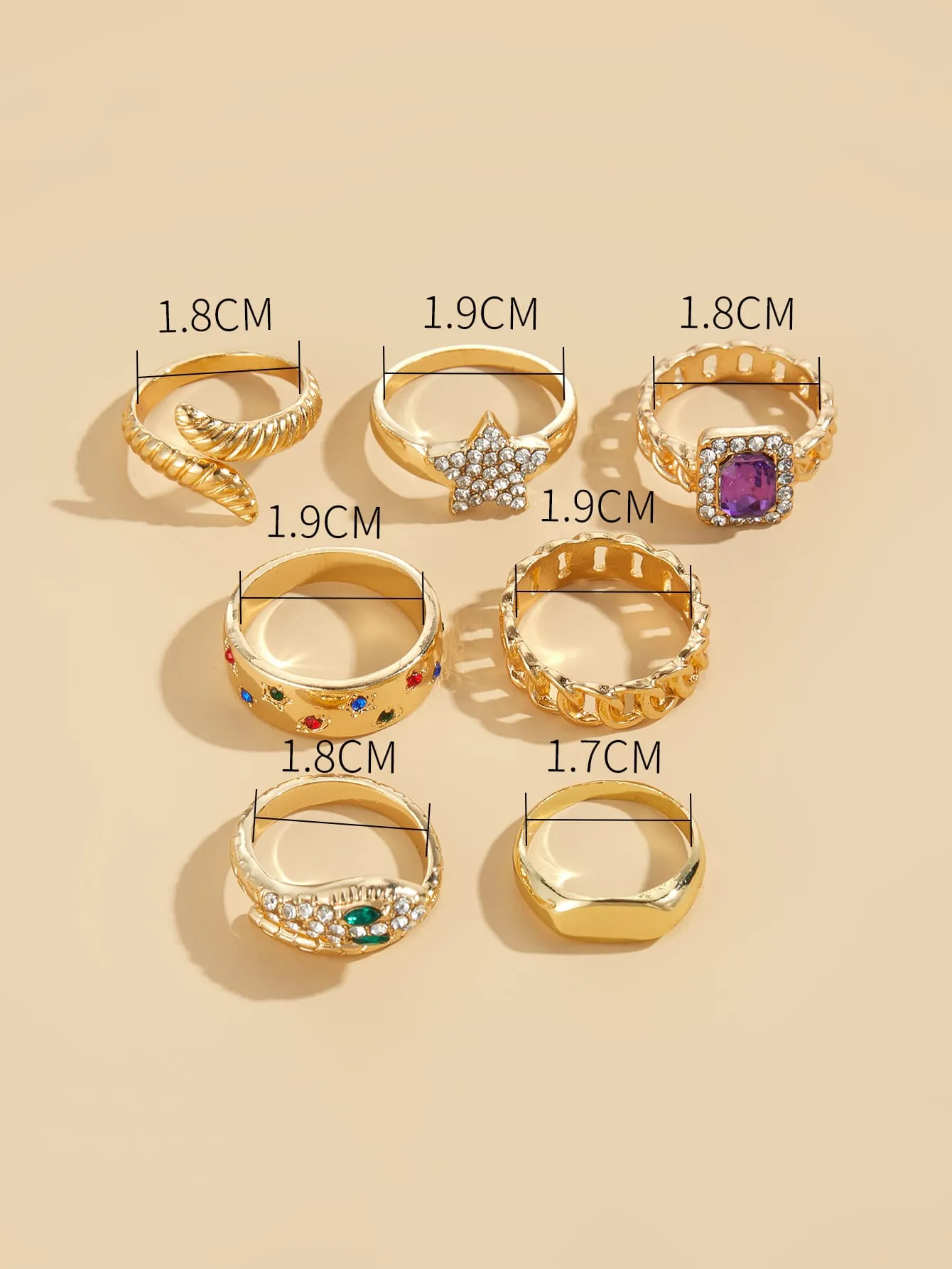 7pcs Rhinestone Star & Snake Decor Ring - Gold
