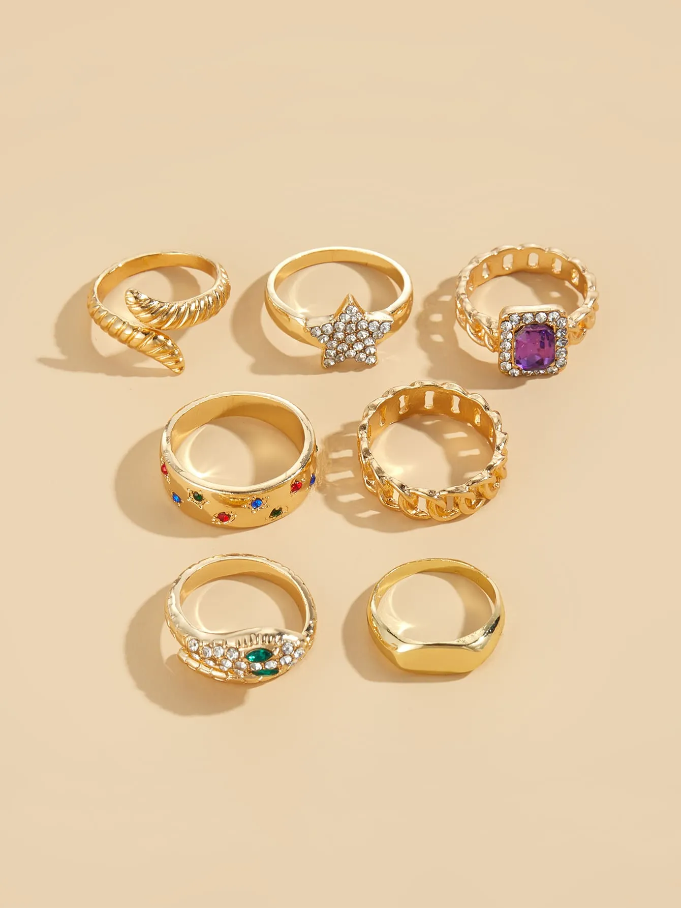 7pcs Rhinestone Star & Snake Decor Ring - Gold