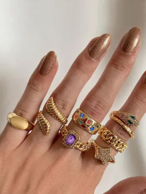 7pcs Rhinestone Star & Snake Decor Ring - Gold