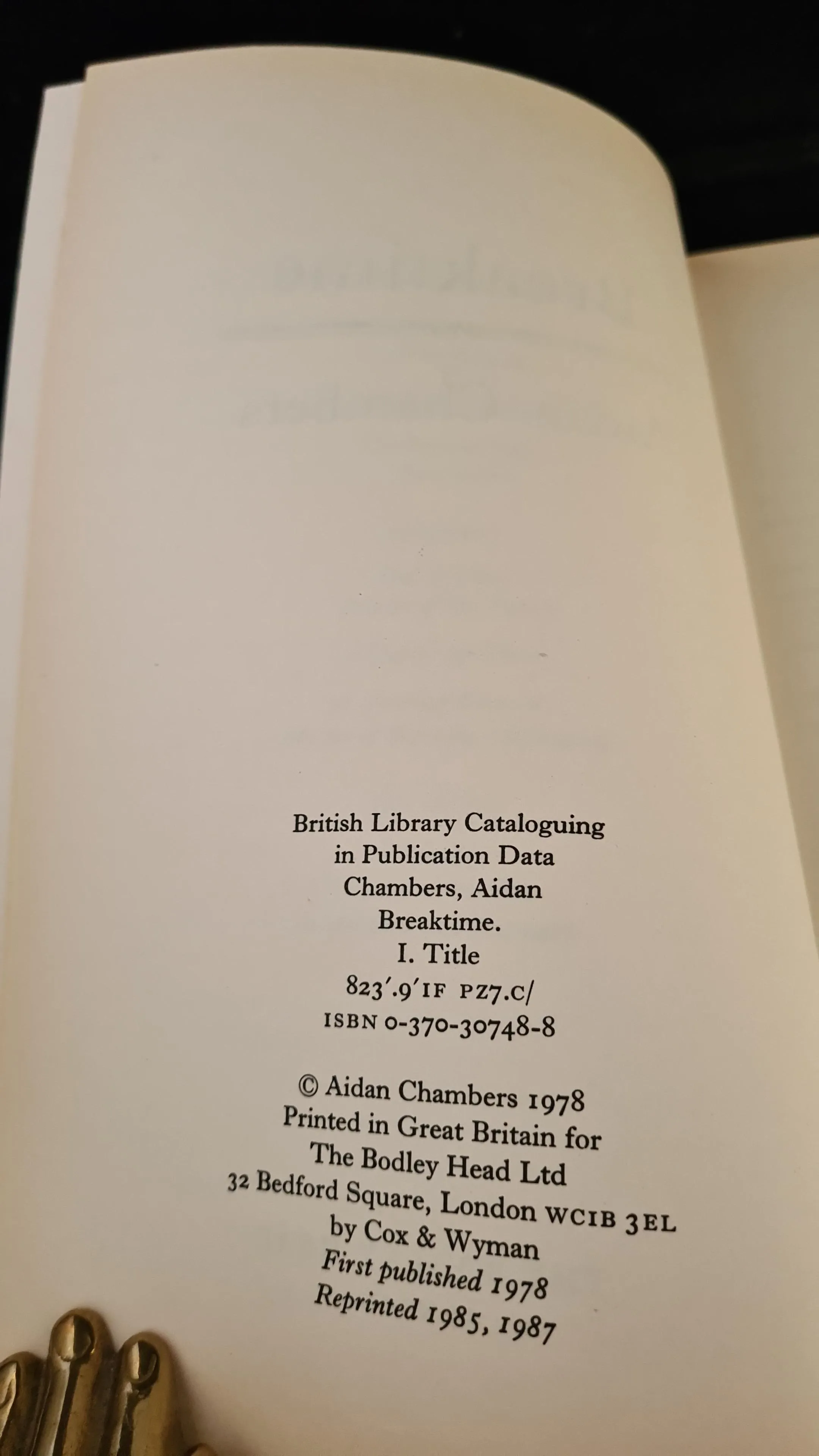 Aidan Chambers - Breaktime, Bodley Head, 1987, Paperbacks