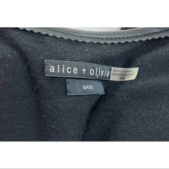 Alice   Olivia Women Sz M Black ITALIAN Sheep Leather Trim Soft Sweater Cardigan