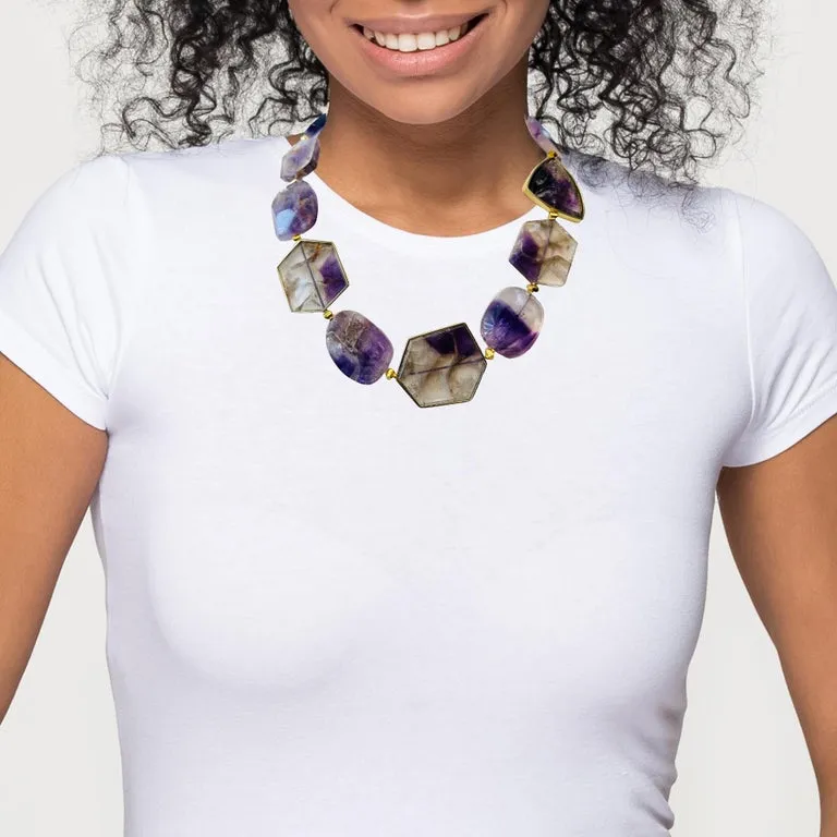 Amethyst Slice Bead Necklace, 555 Carats Total with 18K Yellow Gold Bezels
