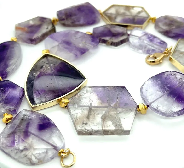 Amethyst Slice Bead Necklace, 555 Carats Total with 18K Yellow Gold Bezels