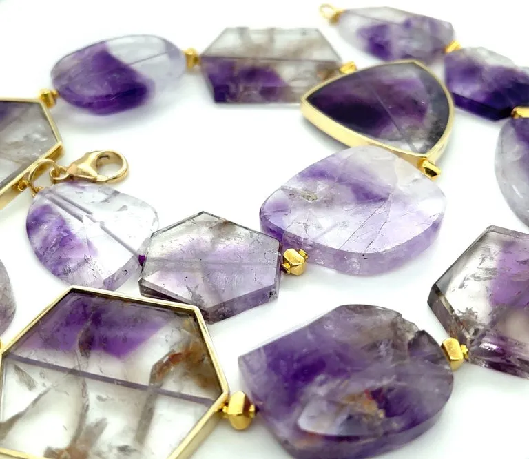 Amethyst Slice Bead Necklace, 555 Carats Total with 18K Yellow Gold Bezels