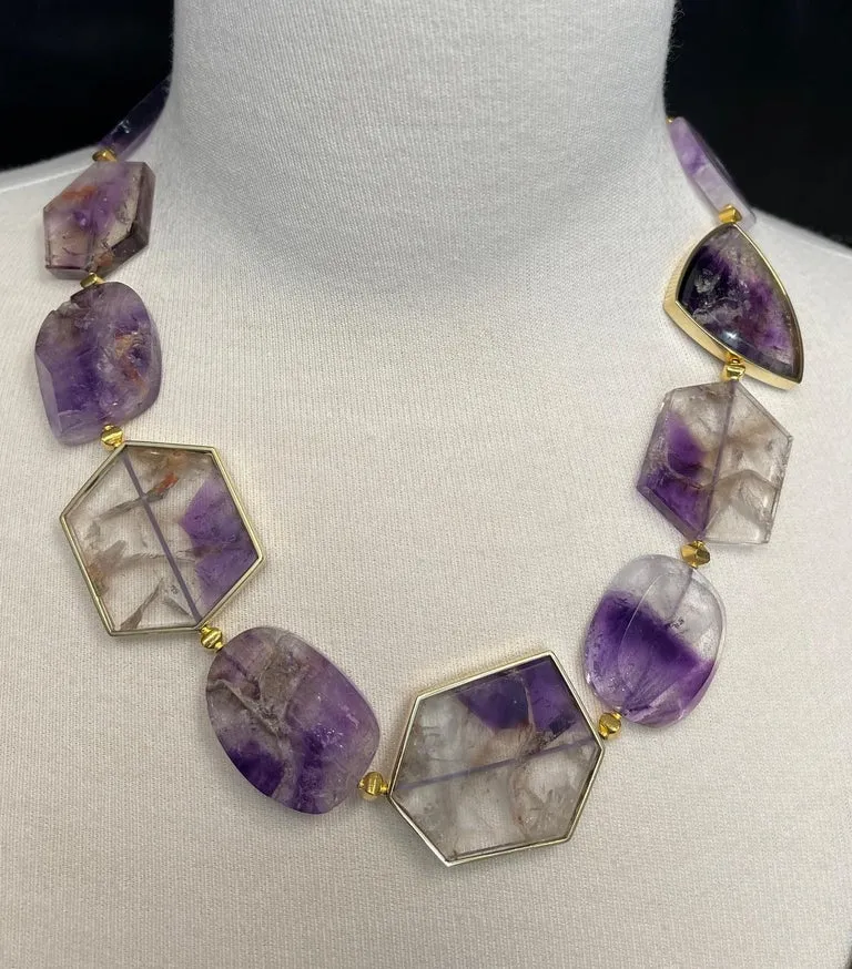 Amethyst Slice Bead Necklace, 555 Carats Total with 18K Yellow Gold Bezels
