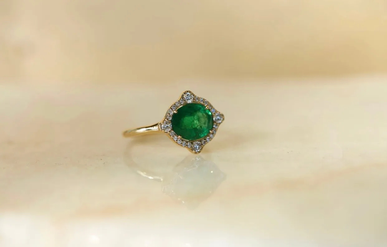 Art Deco Colombian Emerald with Diamond Halo Ring