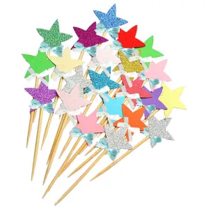 Assorted Color Glitter "Stars with Ribbon", Pack of 5 Cupcake Toppers