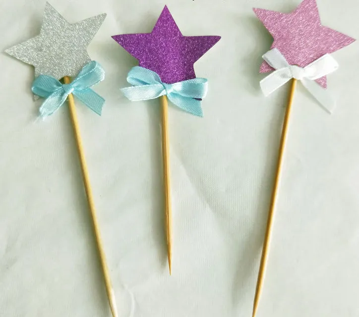 Assorted Color Glitter "Stars with Ribbon", Pack of 5 Cupcake Toppers