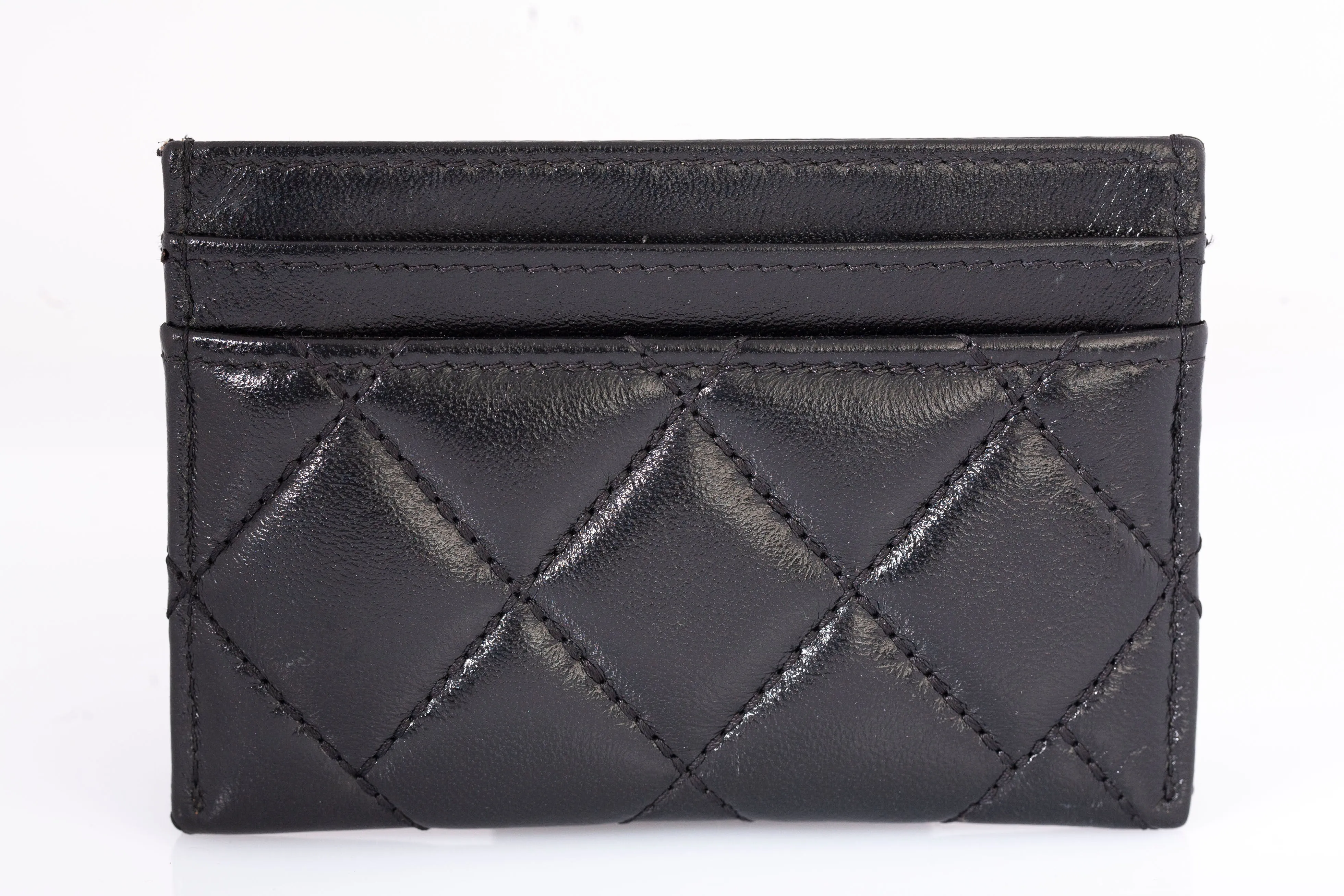 Authentic Chanel Black Lambskin Chevron Quilted Card Holder