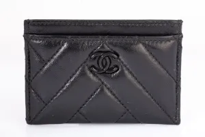 Authentic Chanel Black Lambskin Chevron Quilted Card Holder