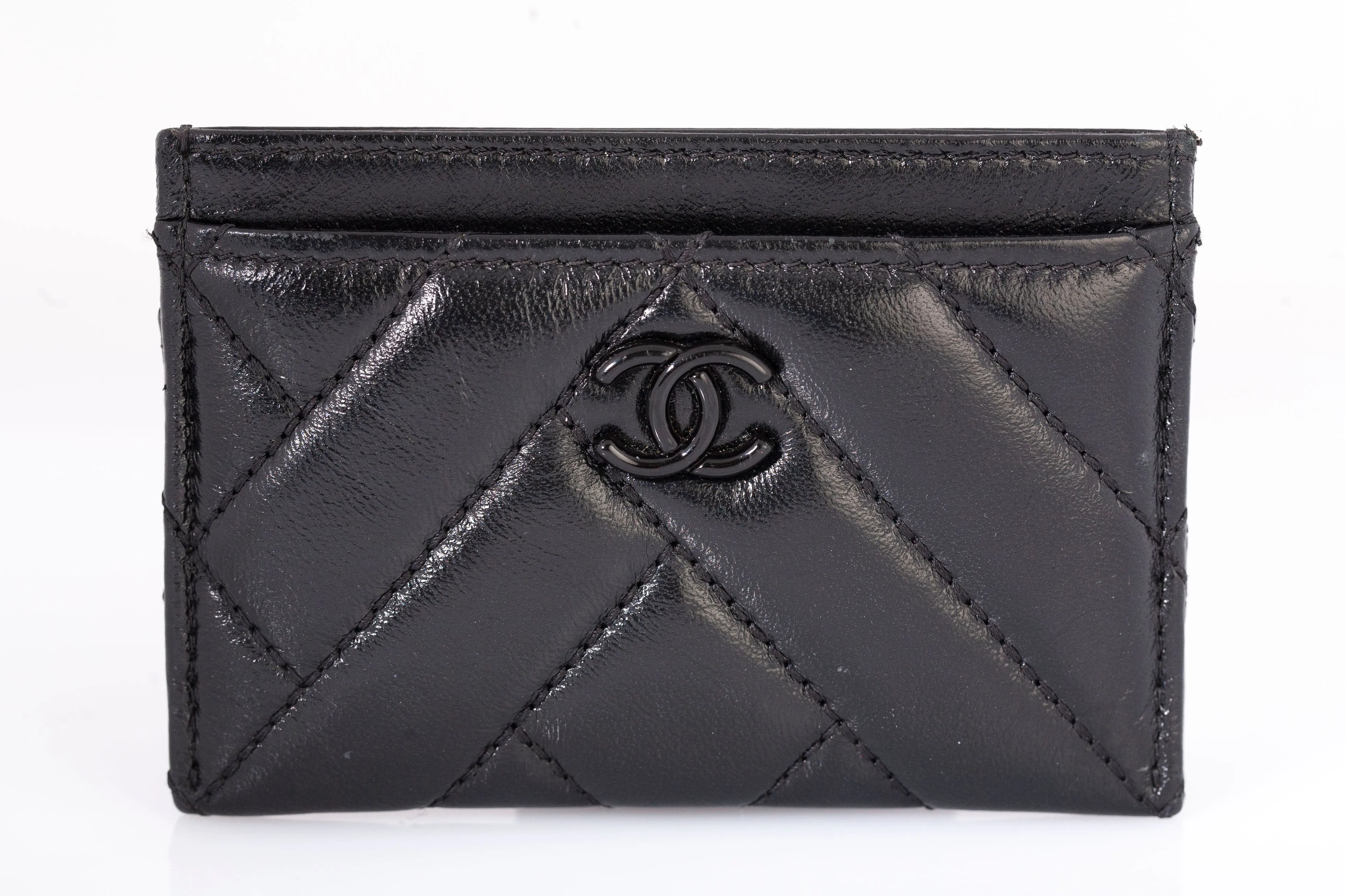 Authentic Chanel Black Lambskin Chevron Quilted Card Holder