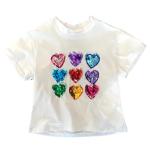 Azarhia Sequin Rainbow Hearts Boxy T’ in White Valentines