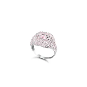 Baguette Centered Cubic Zirconia Dome Ring - Silver Light Pink