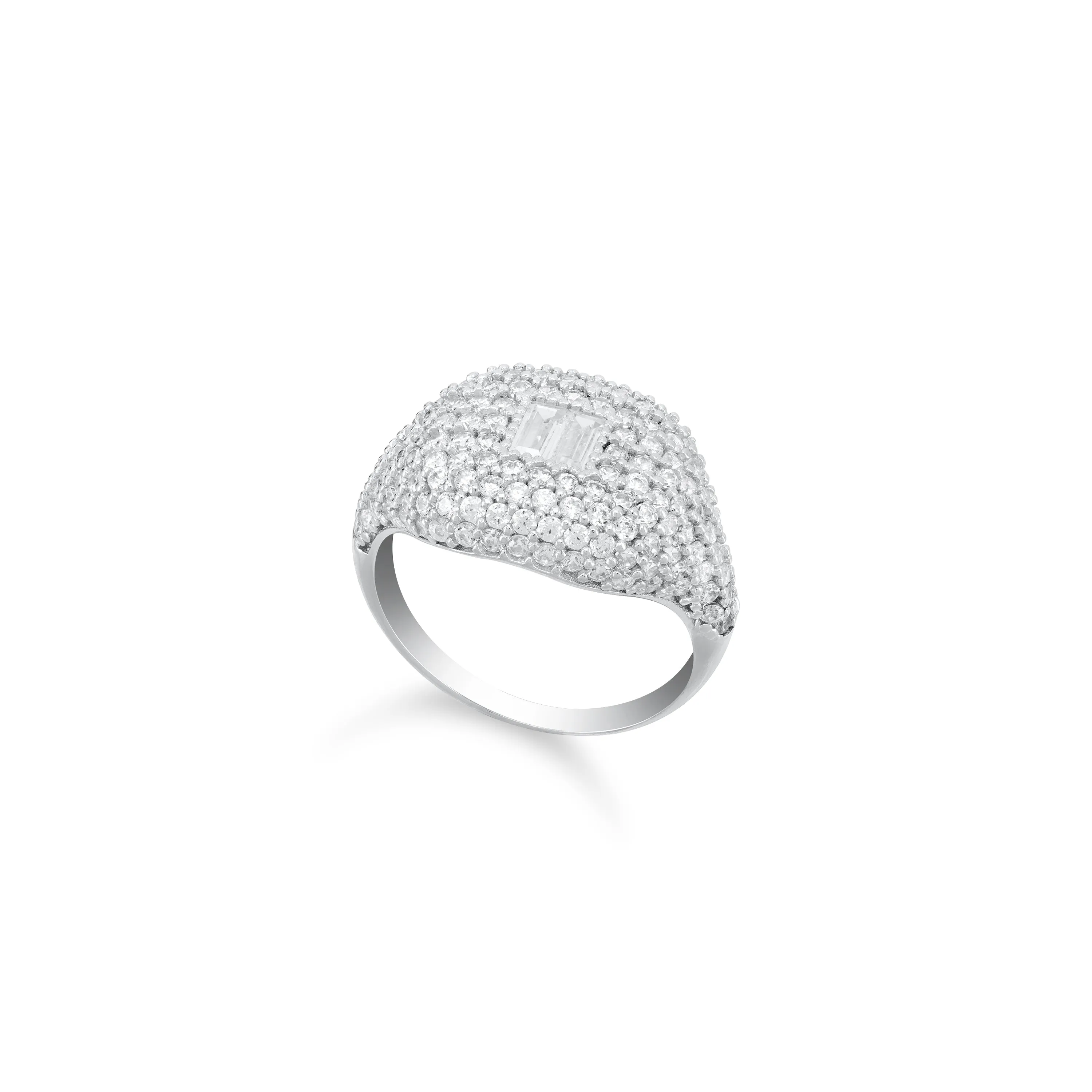 Baguette Centered Cubic Zirconia Dome Ring - Silver White