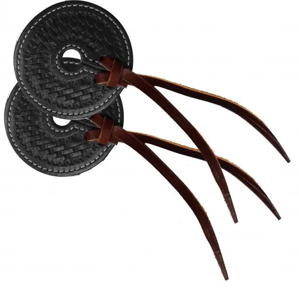 Basket tooled 3" wide leather bit guard with leather strap closure