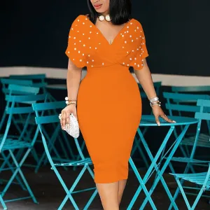 Beaded Deep V-Neck Short Sleeve Bodycon Dress