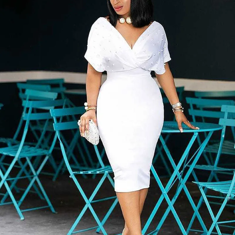 Beaded Deep V-Neck Short Sleeve Bodycon Dress