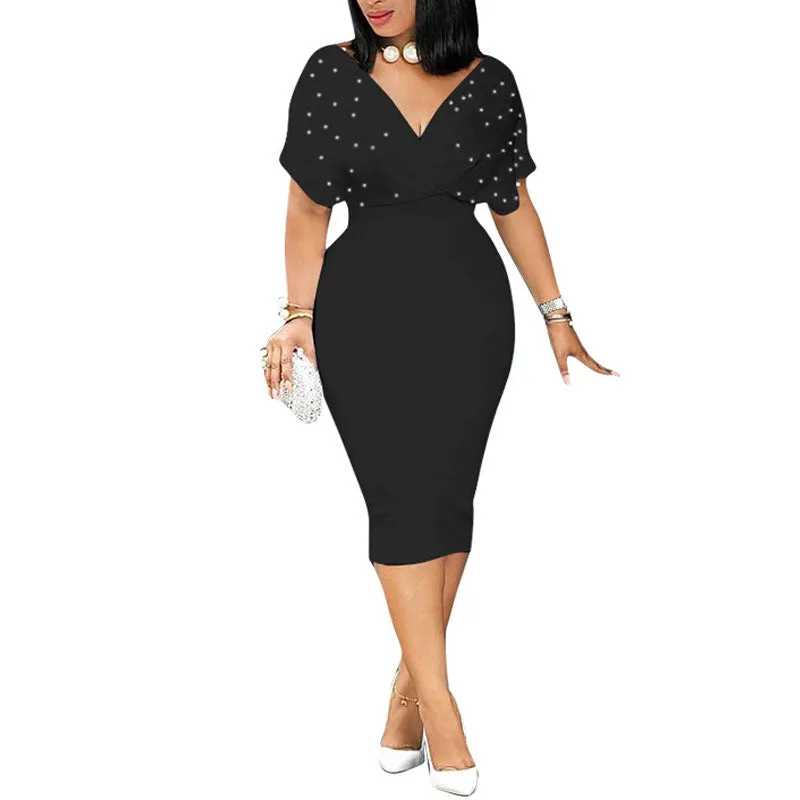 Beaded Deep V-Neck Short Sleeve Bodycon Dress