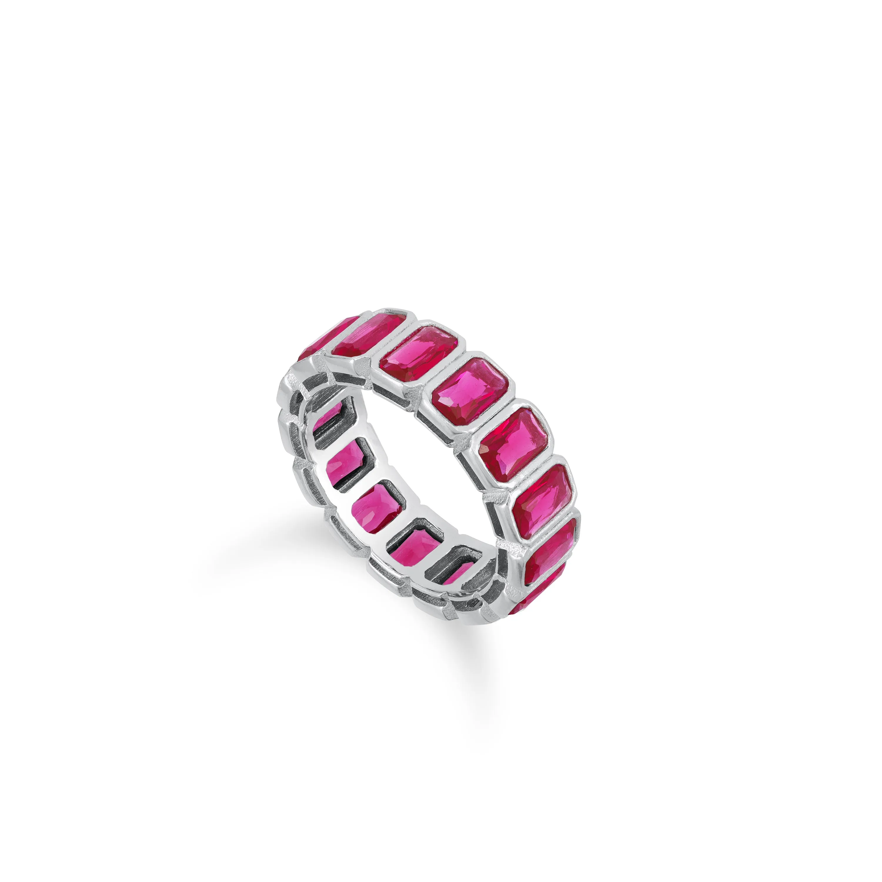 Bezel Emerald Cut Eternity Ring - Silver Fuchsia