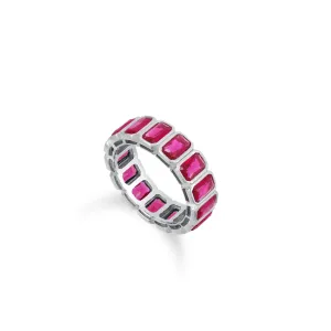 Bezel Emerald Cut Eternity Ring - Silver Fuchsia