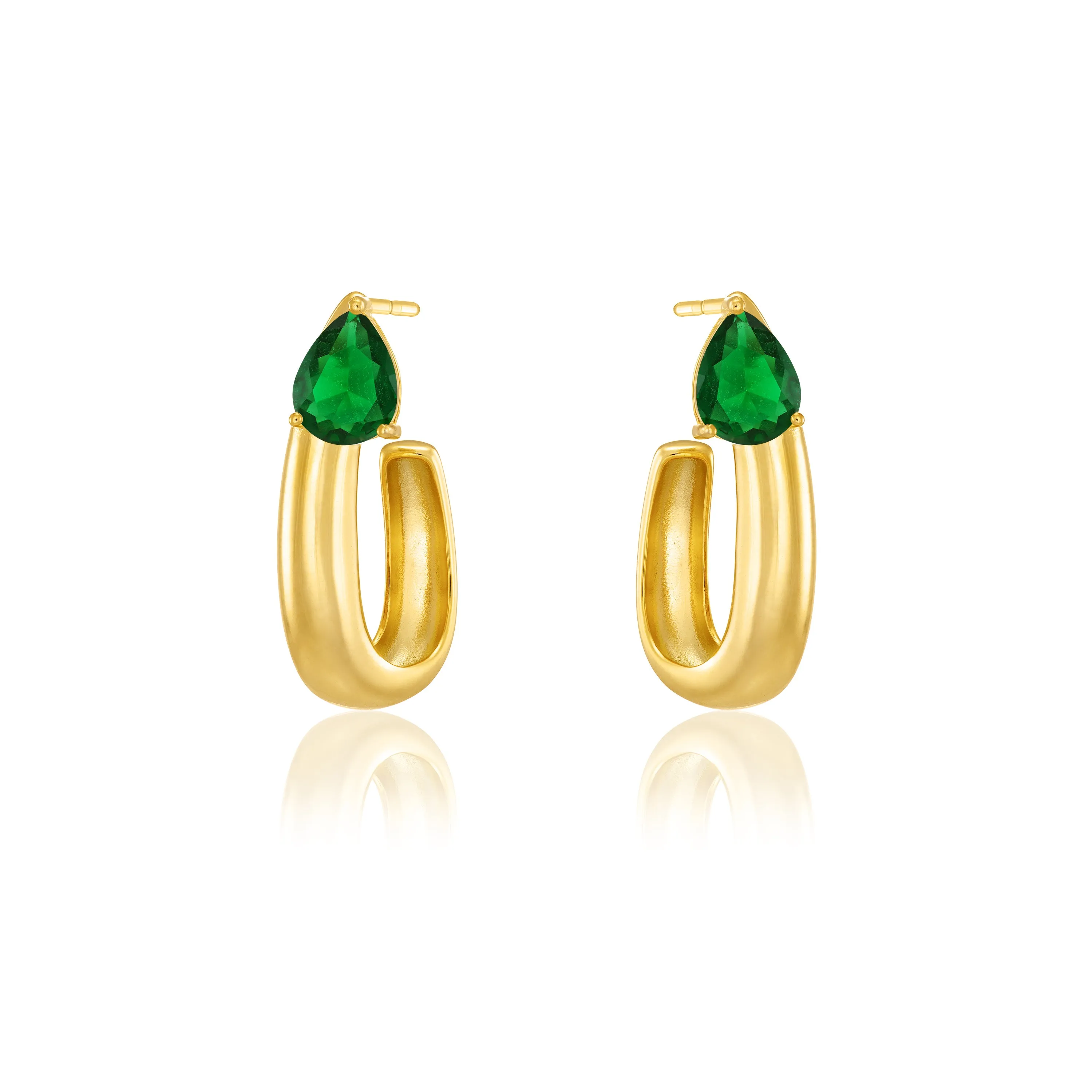 Big Teardrop U Shape  Hoop Earrings - Gold Green