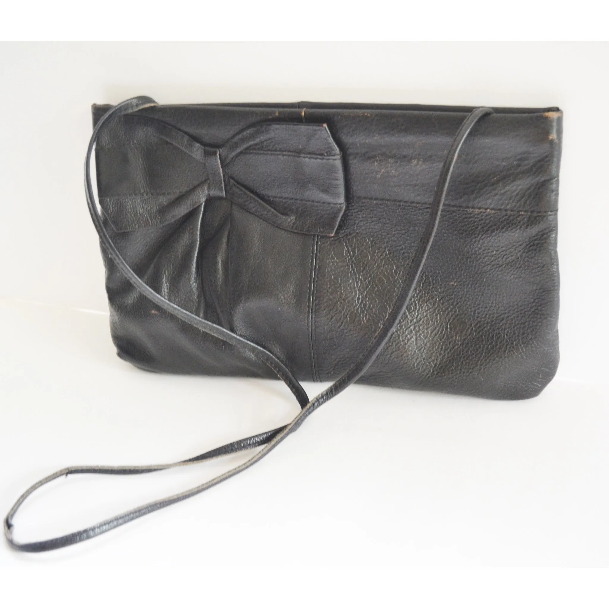 Black Leather Bow Clutch Purse