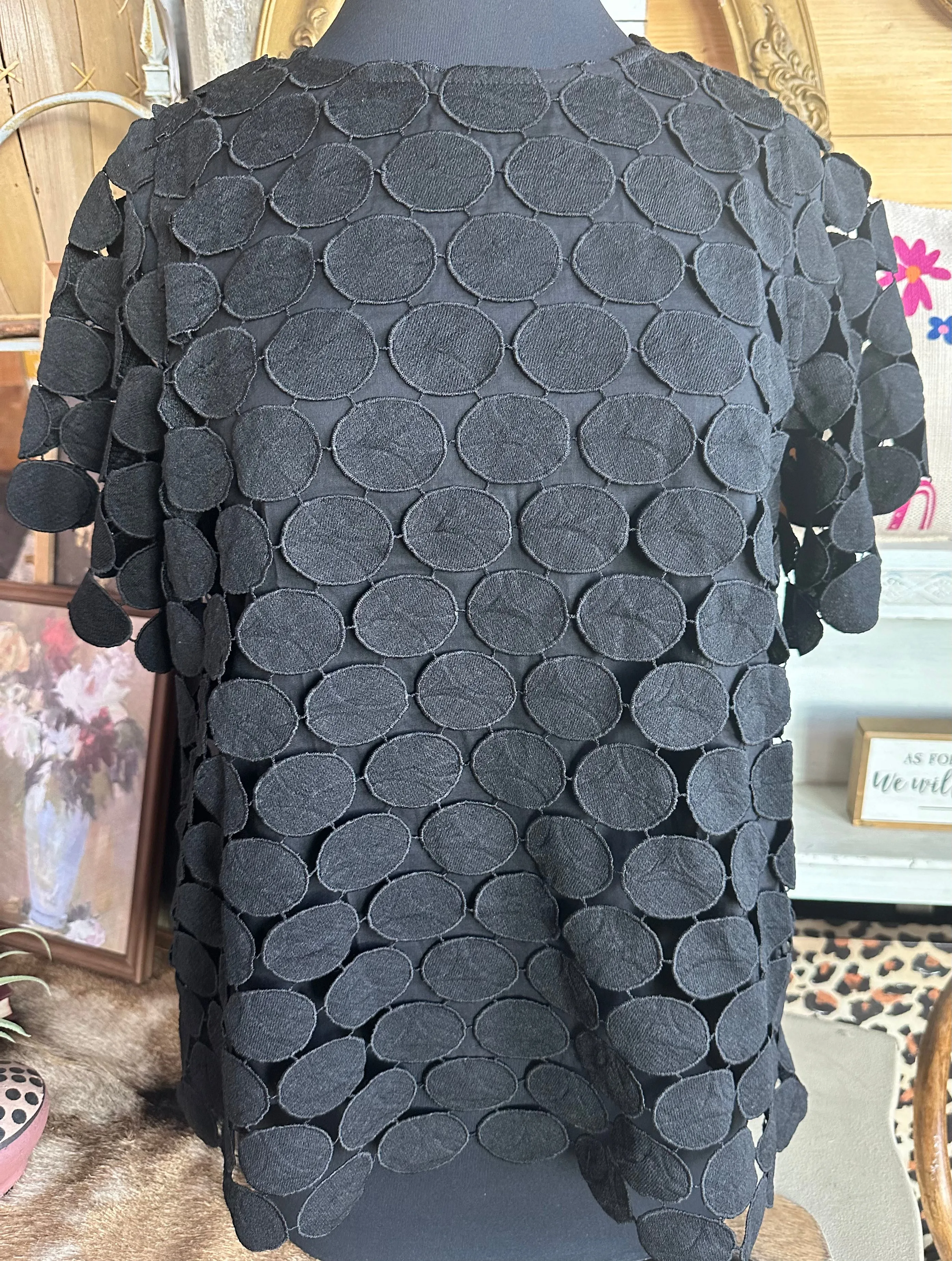 Black Polka Dot Lace Shift Boxy Sleeve Top with Back Button Keyhole |Stuffology Boutique