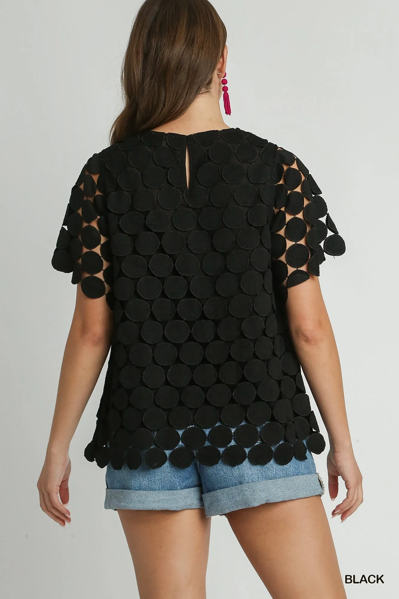 Black Polka Dot Lace Shift Boxy Sleeve Top with Back Button Keyhole |Stuffology Boutique