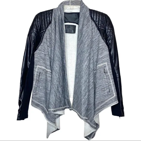 Blank NYC Dating &amp; Waiting  Shawl Open Front Faux Leather Jacket XS Black Gray