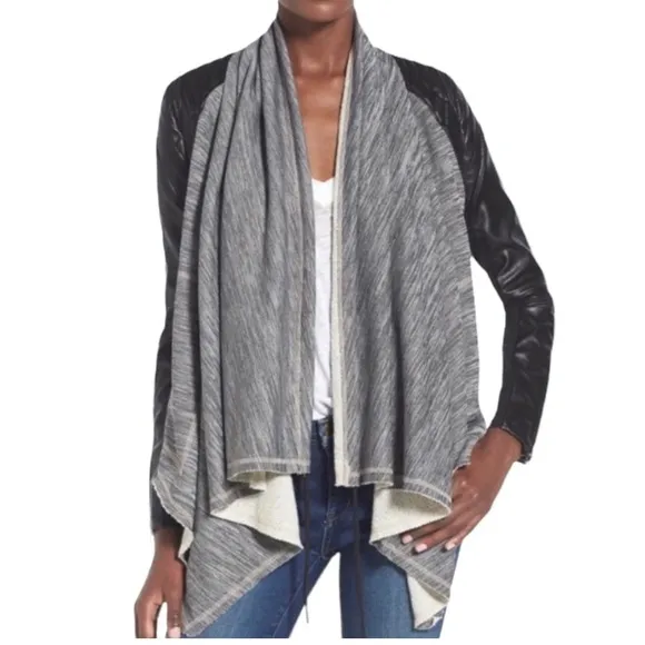 Blank NYC Dating &amp; Waiting  Shawl Open Front Faux Leather Jacket XS Black Gray
