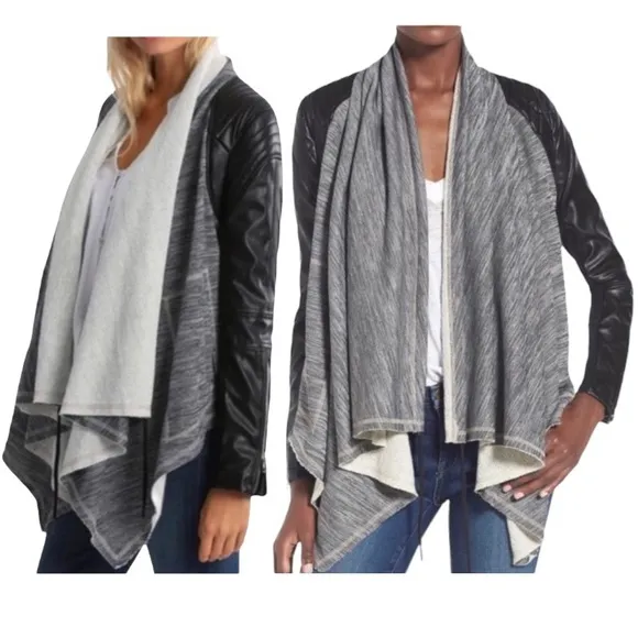 Blank NYC Dating &amp; Waiting  Shawl Open Front Faux Leather Jacket XS Black Gray