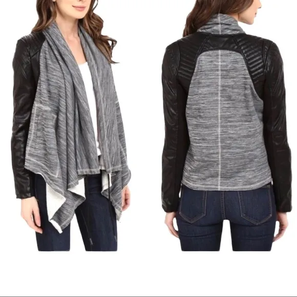 Blank NYC Dating &amp; Waiting  Shawl Open Front Faux Leather Jacket XS Black Gray