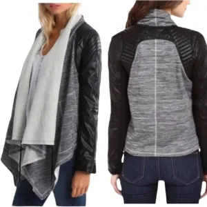 Blank NYC Dating &amp; Waiting  Shawl Open Front Faux Leather Jacket XS Black Gray