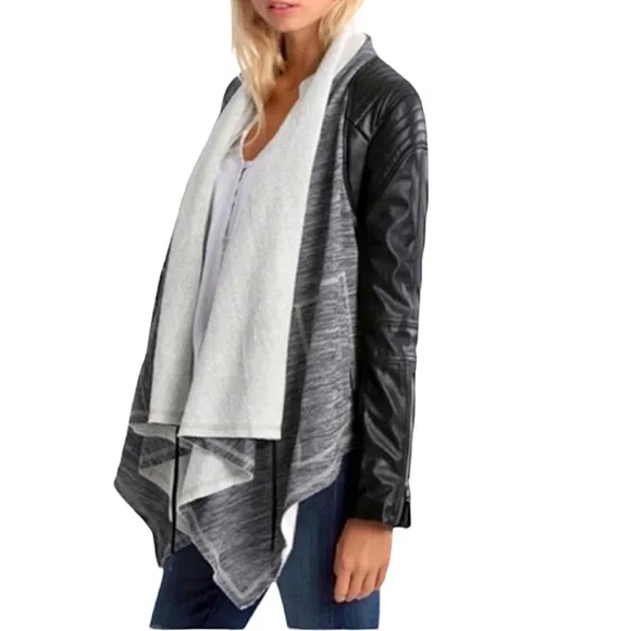 Blank NYC Dating &amp; Waiting  Shawl Open Front Faux Leather Jacket XS Black Gray