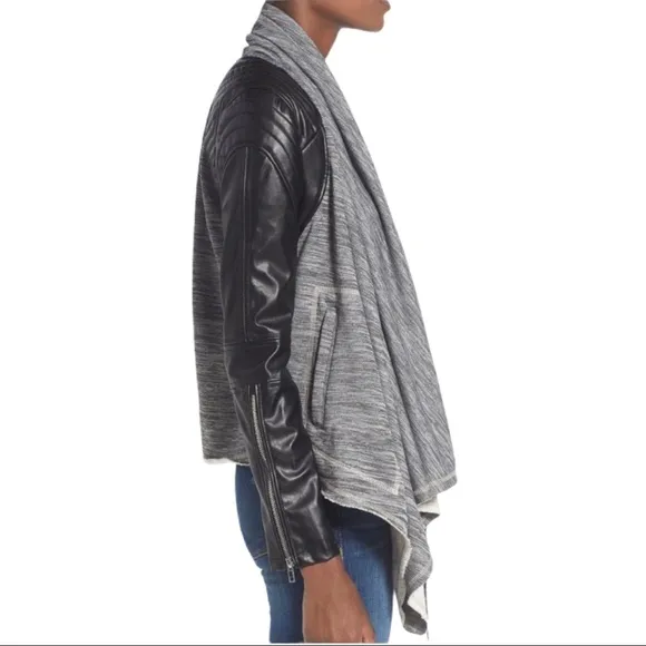 Blank NYC Dating &amp; Waiting  Shawl Open Front Faux Leather Jacket XS Black Gray