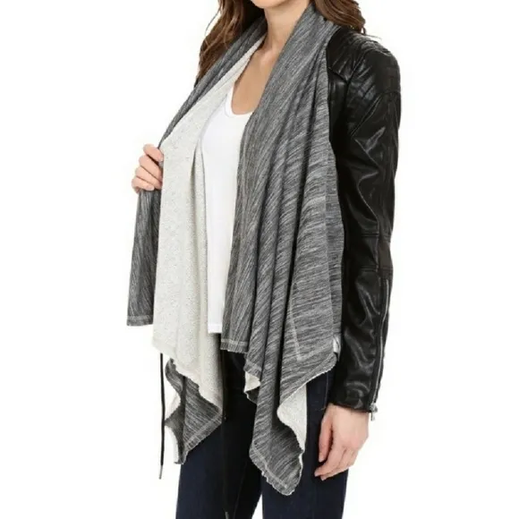 Blank NYC Dating &amp; Waiting  Shawl Open Front Faux Leather Jacket XS Black Gray
