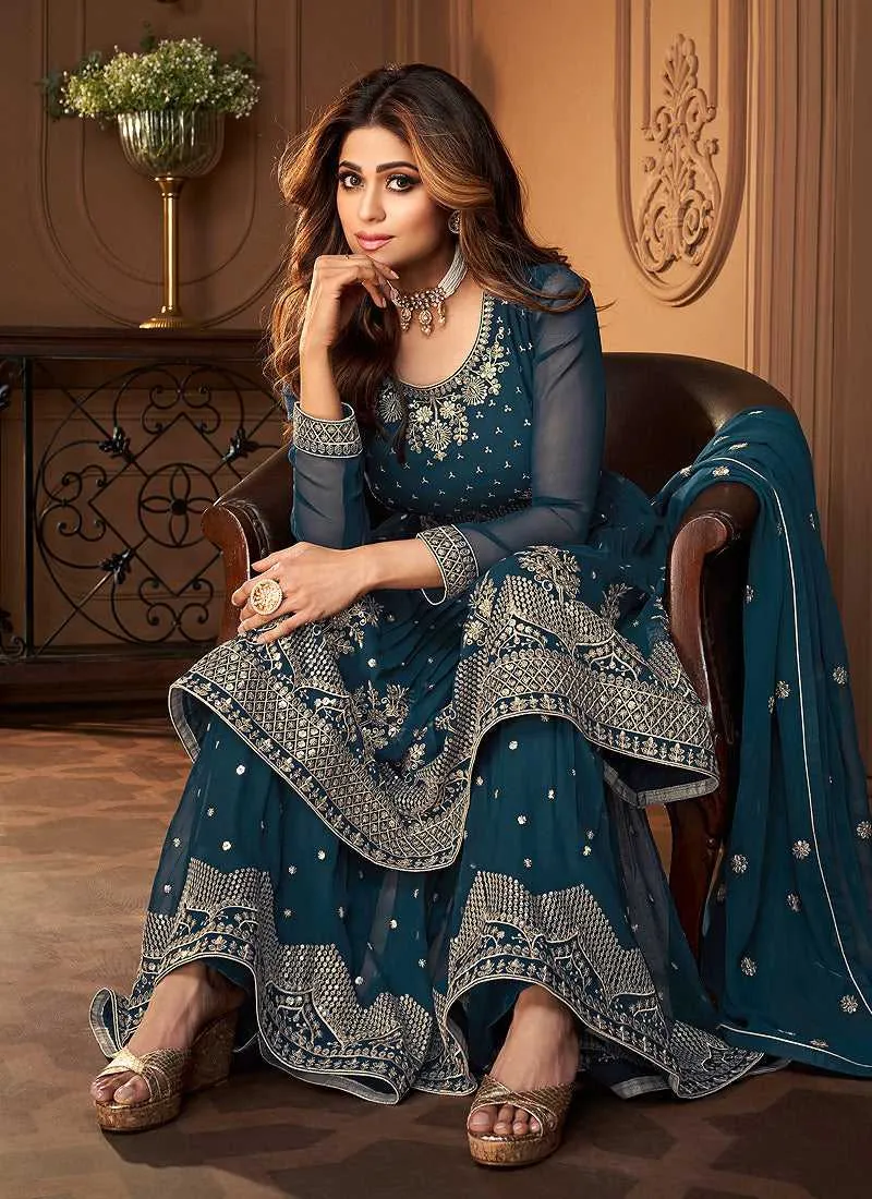 Blue and Gold Designer Embroidered Sharara Suit