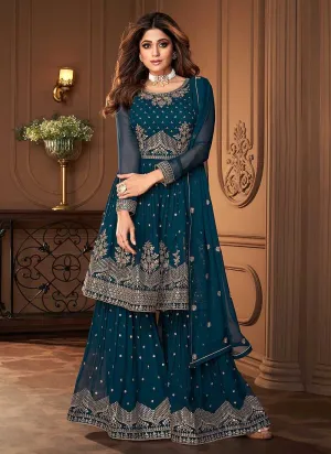 Blue and Gold Designer Embroidered Sharara Suit